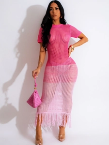 Robe Maxi Sexy Femme Manches Courtes Crochet Ajouré Franges Dégradé de Couleur Été Plage Moulante Vacances