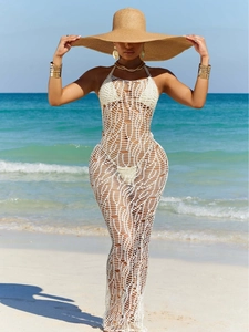 Donna Sexy Uncinetto Svuotato Vestito Da Spiaggia All'americana E Bikini Combinazione Vacanza Bohemien Schiena Scoperta Gonna Lunga