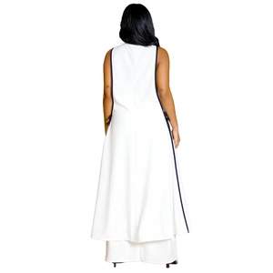 Back view of elegant white sleeveless vest with black trim and matching wide-leg trousers
