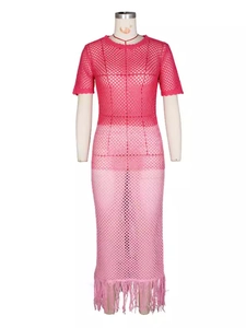 Robe de plage sexy en crochet pour femme avec manches courtes et dégradé de rose