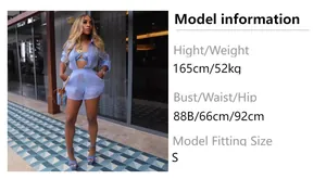 Detailed size chart and model information for the sexy sheer long sleeve 3-piece short set