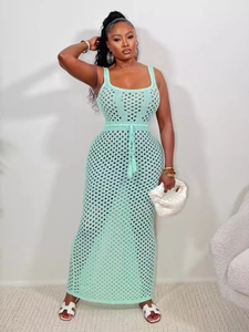 Robe Maxi Sexy Sans Manches Au Crochet Ajouré Pour Femmes Été Vacances À La Plage Tricotée À Lacets Gland Fente Robe Moulante