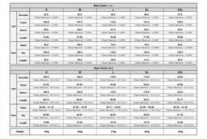 Detailed size chart for women's two-piece set showing measurements in CM and inches