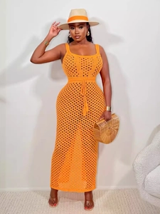 Robe de plage orange au crochet avec col carré et cordon de serrage style bohème