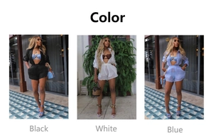 Three-color display of women's sheer short-sleeve shirt and shorts set in black white and blue