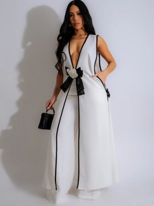 Women Elegant Contrast Piping Sleeveless Top And Bottom Set With Camellia Bowknot Decor Wide Leg Pants Sexy Socialite Outfit