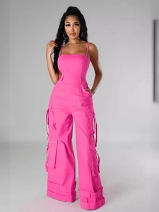 Sexy rose red strapless cargo jumpsuit with wide legs and multi-pocket utility design
