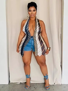Sexy V-neck backless halter top made from patchwork striped neckties for women