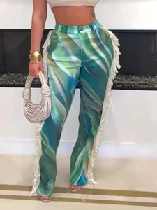 Women High Waist Straight Leg Pants Abstract Marble Print Side Fringe Tassels Boho Casual Trousers Vacation Summer Streetwear Outfits