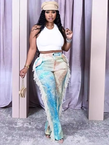 Bohemian women's straight pants featuring colorful tie-dye print and side fringe details