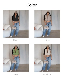 Detail view of puffer vest color options in black, khaki, green and apricot shades
