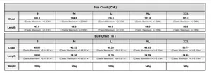 Detailed size guide table for sleeveless puffer vest in CM and inches from S to XXL