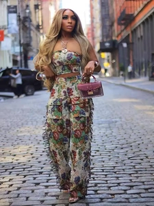 Women Top And Bottom Sexy Floral Jacquard Bandeau and Fringe Trousers Outfit Boho Vacation Streetwear Sleeveless Pants