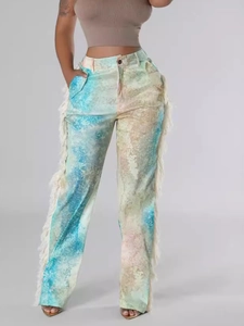 Women high waisted straight pants with abstract print and side tassel fringe details