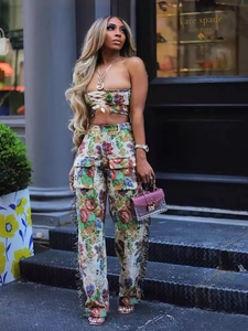 Floral jacquard two-piece set featuring lace-up tube top and straight cargo trousers