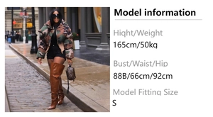 Detailed size chart showing fit for camo jacket with model in urban street setting