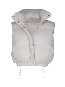Detail of cream puff vest featuring stand collar and adjustable drawstring hem design