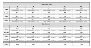 Detailed size chart for women's camo jacket with measurements in cm and inches for S to XXL