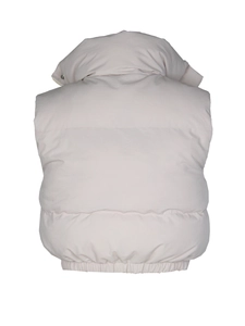 Rear view of beige puffer vest showing horizontal quilting and stand collar details