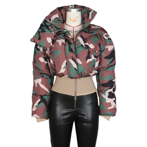 Close-up of camouflage puffer jacket with high collar and ribbed knit cuffs and hem