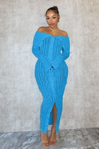 Sky blue off-shoulder long sleeve dress with ruffled texture and front button detail