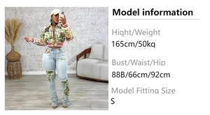 Detail view of jacquard floral pattern and patchwork denim jeans with model size chart