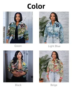 Detailed views of cropped varsity jackets in green, blue, black, and beige floral jacquard