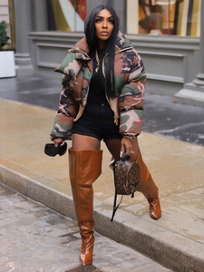 Women's Vintage Camouflage Print Puffer Jacket Stand Collar Short Quilted Padded Coat With Ribbed Trim Streetwear Outerwear