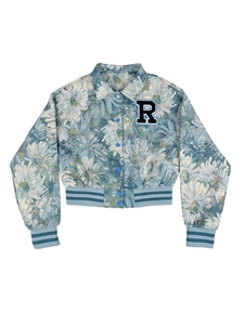 Detail of floral jacquard baseball jacket with ribbed cuffs and R letter patch