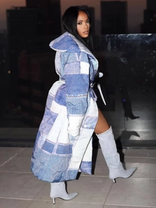 Long hooded quilted denim print coat with tie waist belt and stylish high heel boots
