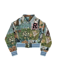 Detail of oil painting jacquard jacket with sunflower pattern and letter R patch