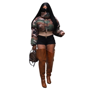 Detail of a camo puffer jacket showing high neck protector and streetwear camouflage print