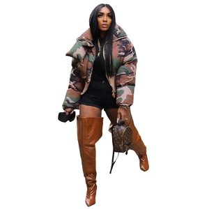 Detail showing women's short camouflage puffer jacket with high collar and zipper closure