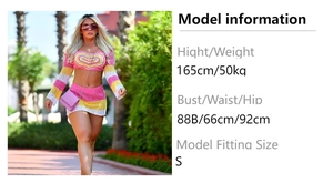 Model wearing a handmade crochet two-piece set featuring pink yellow and white stripes