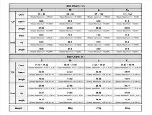 Detailed size chart for crochet two-piece set with CM and inch measurements
