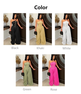 Detail view showing five stylish colors of this strapless button wide leg jumpsuit