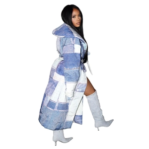 Detail of the hooded denim patch print coat with waist belt and thick cotton filling