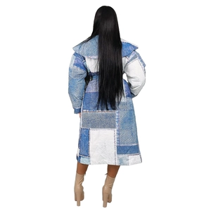 Back view of a long quilted coat featuring denim patch print and wide lapels for women