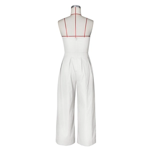 Detail of the white strapless wide leg jumpsuit back view with long zipper closure