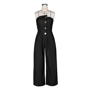 Detailed close-up of strapless jumpsuit featuring four gold buttons and red straps