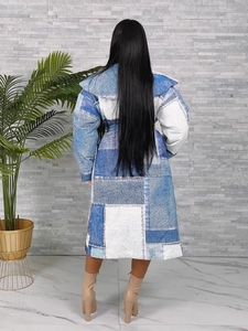 Women long patchwork denim print coat with lapel collar and waist tie back view