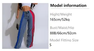 Size chart showing model stats for striped patchwork high waist straight leg denim pants