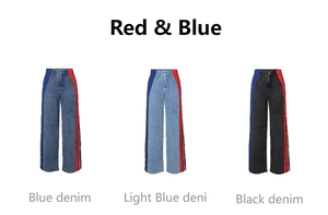 Detail view of high waist straight jeans with red and blue side stripes in three colors