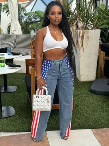 Pantaloni in Denim Donna Stampa Bandiera Americana Vita Alta Gamba Dritta Larghi Casual Retro Stelle Strisce Pantaloni