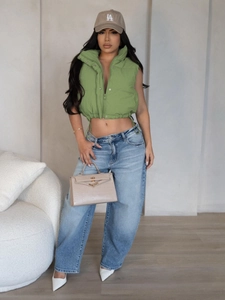 Women Fashion Solid Color Stand Collar Puffer Vest Cropped Sleeveless Zipper Quilted Waistcoat With Drawstring Hem Streetwear