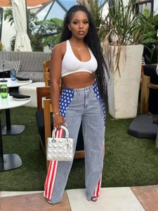 Jeans donna a vita alta con gamba larga e stampa bandiera americana in stile vintage
