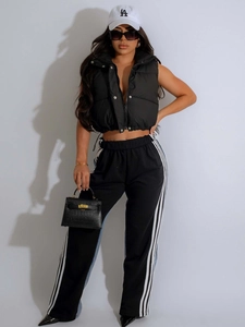 Women's black quilted cropped puffer vest with stand collar and zipper closure