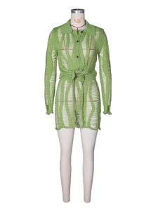 Ensemble 2 pièces en maille verte pour femme avec haut au crochet ajouré et mini-jupe