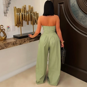 Back view of sage green strapless wide-leg jumpsuit with hidden rear zipper closure