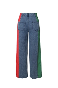 Detailed back view of wide leg jeans with red and green side stripes and back pockets